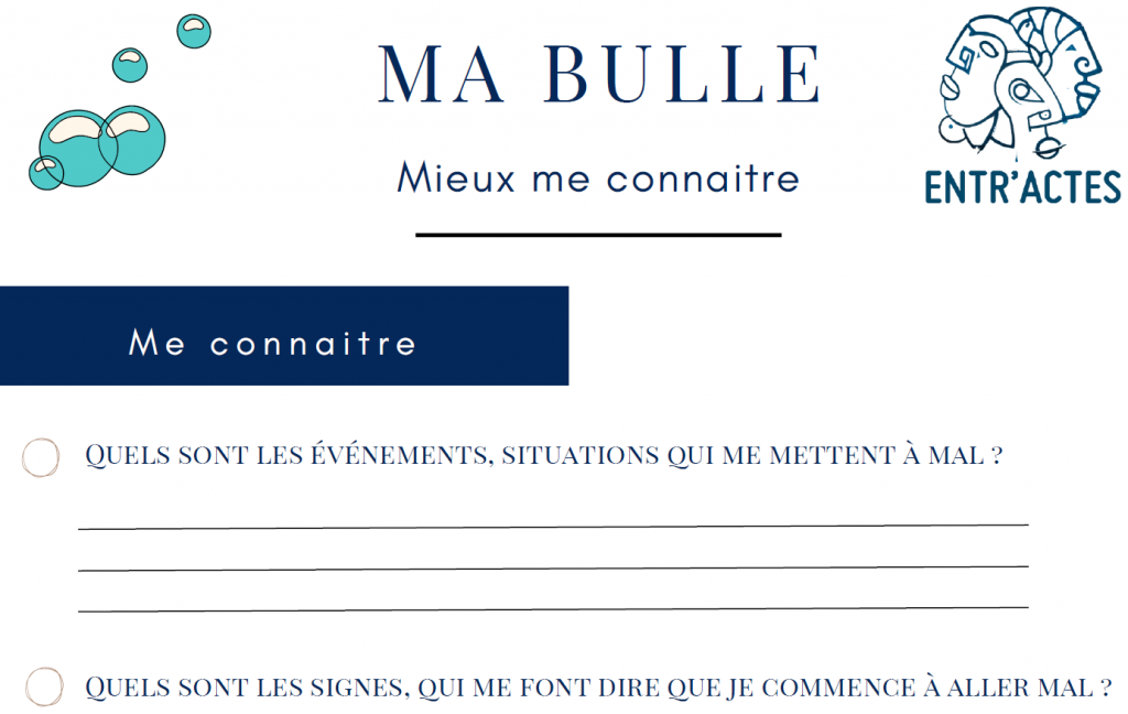 Extrait page de garde, du safety plan "Ma Bulle", édité par Entr'actes.
